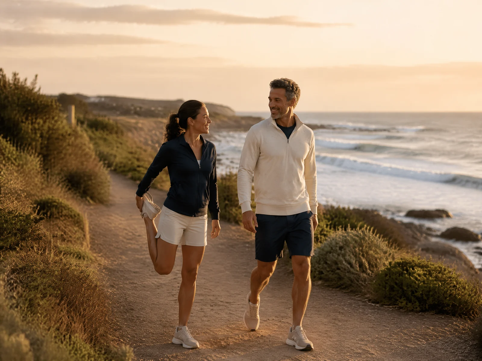 Active adults cooling down together after a coastal run