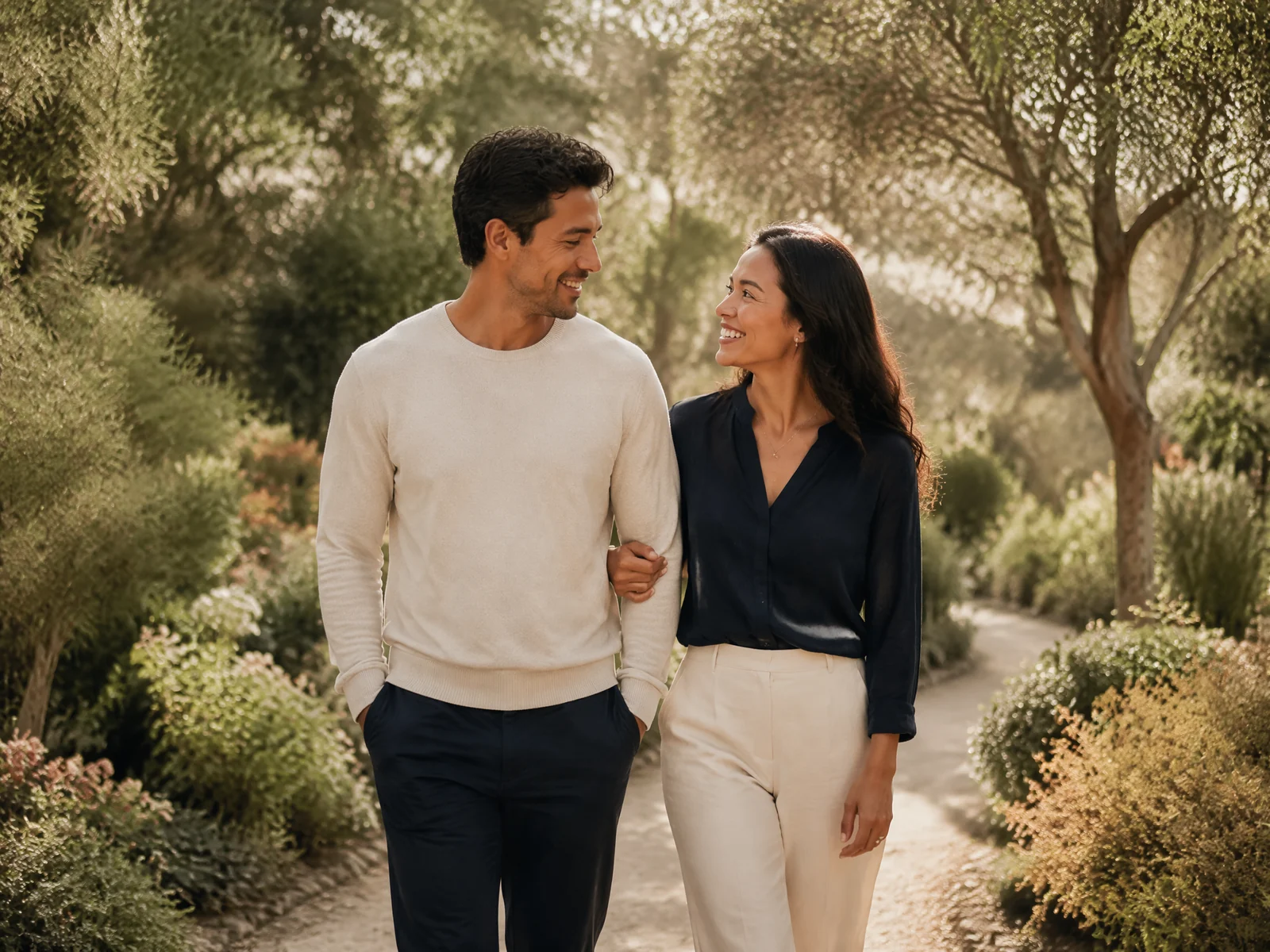 Adult couple sharing a warm walk through a sunlit garden