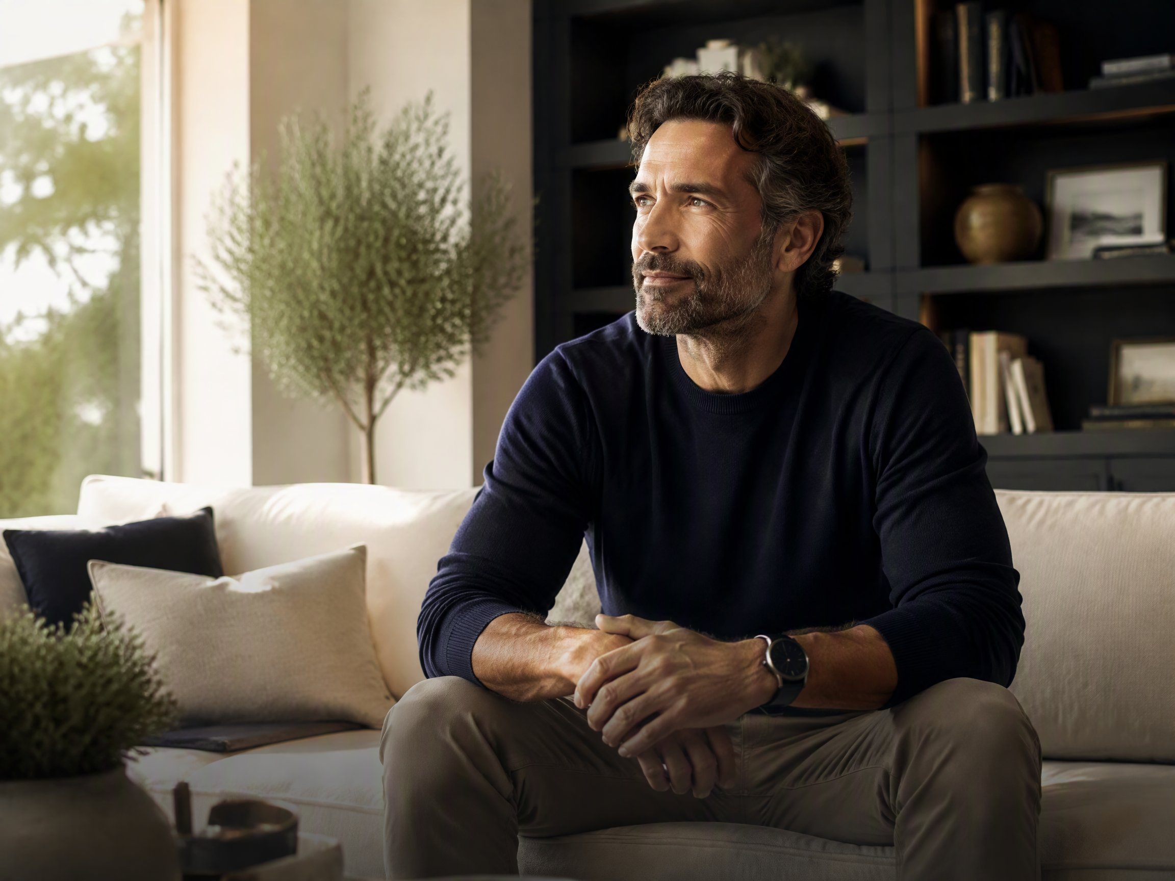 Adult man reflecting in a calm, naturally lit home setting