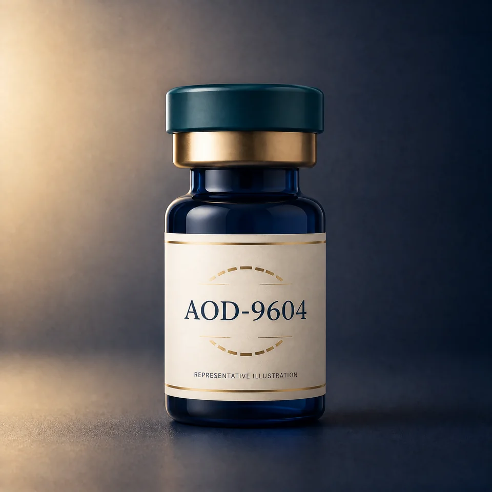 Representative Lion Peptides vial illustration labelled AOD-9604; not actual product packaging or inventory