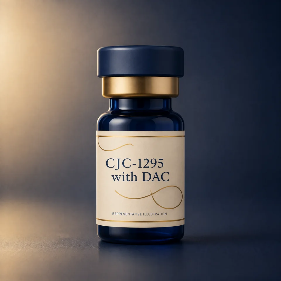 Representative Lion Peptides vial illustration labelled CJC-1295 with DAC; not actual product packaging or inventory