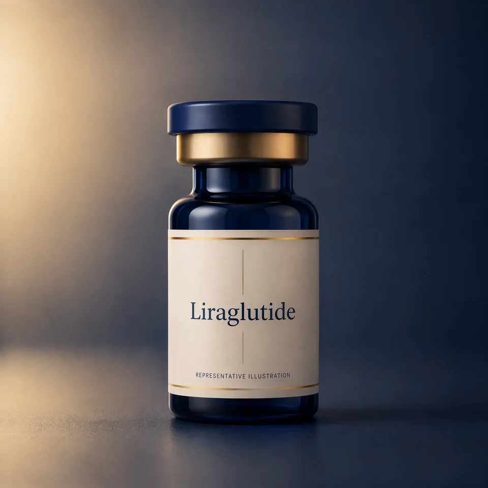 Representative Lion Peptides vial illustration labelled Liraglutide; not actual product packaging or inventory