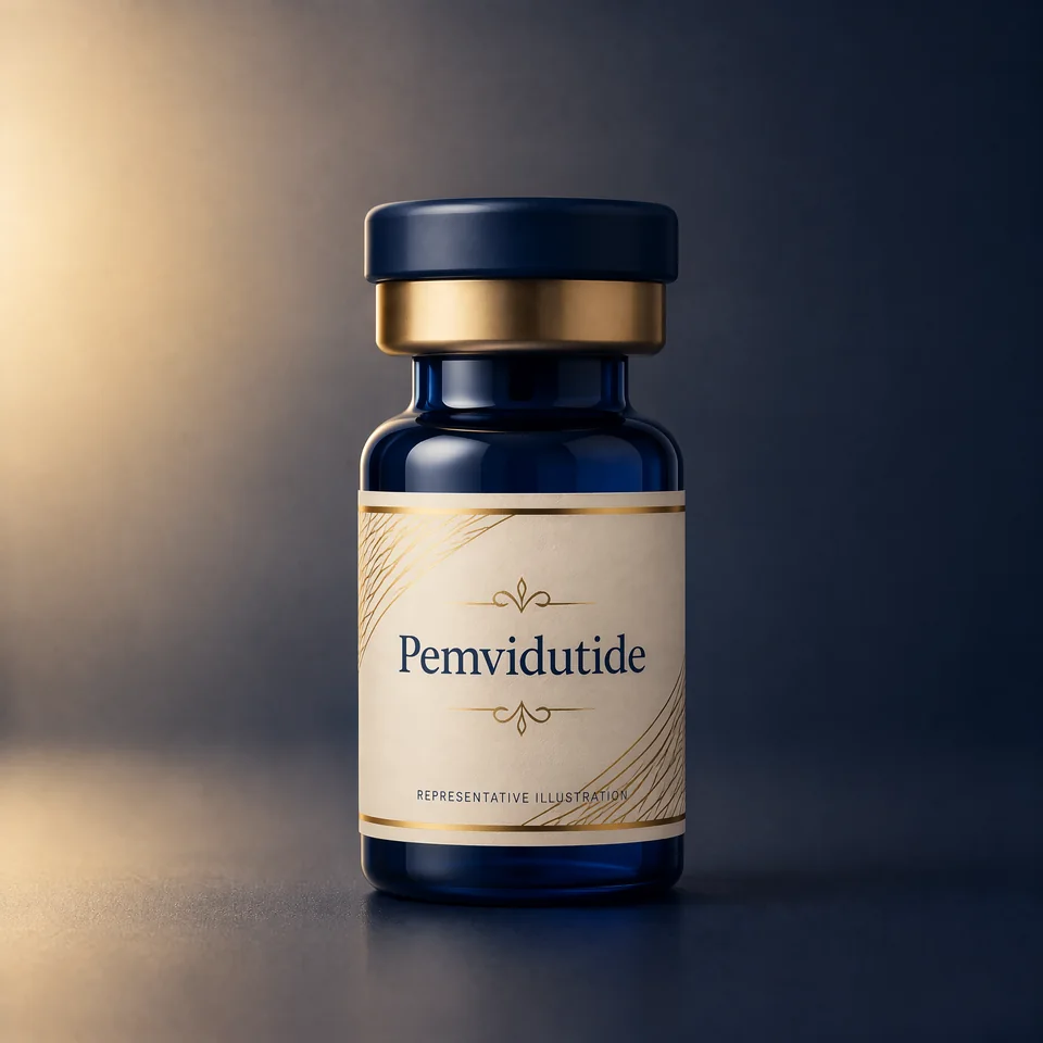 Representative Lion Peptides vial illustration labelled Pemvidutide; not actual product packaging or inventory