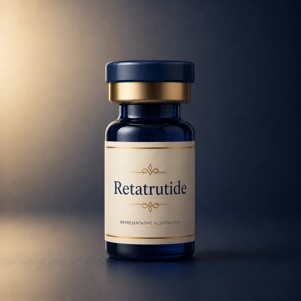 Representative Lion Peptides vial illustration labelled Retatrutide; not actual product packaging or inventory