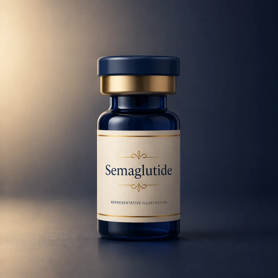 Representative Lion Peptides vial illustration labelled Semaglutide; not actual product packaging or inventory