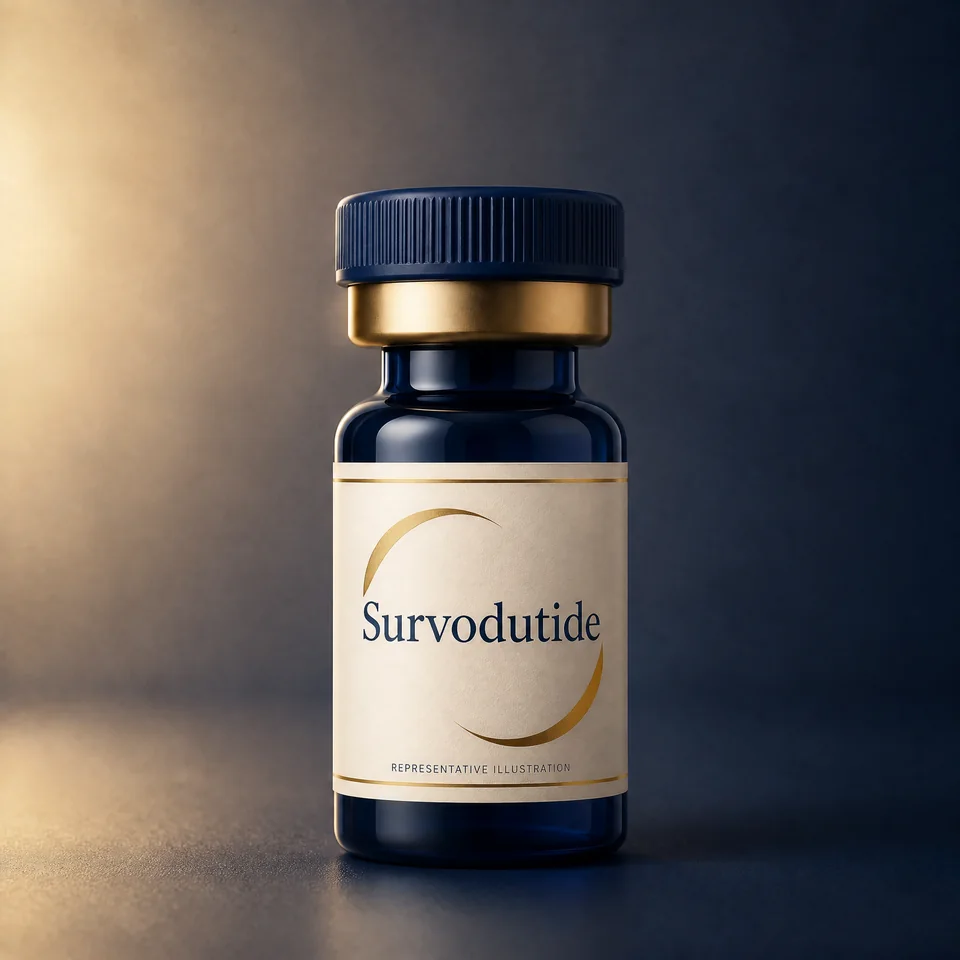 Representative Lion Peptides vial illustration labelled Survodutide; not actual product packaging or inventory
