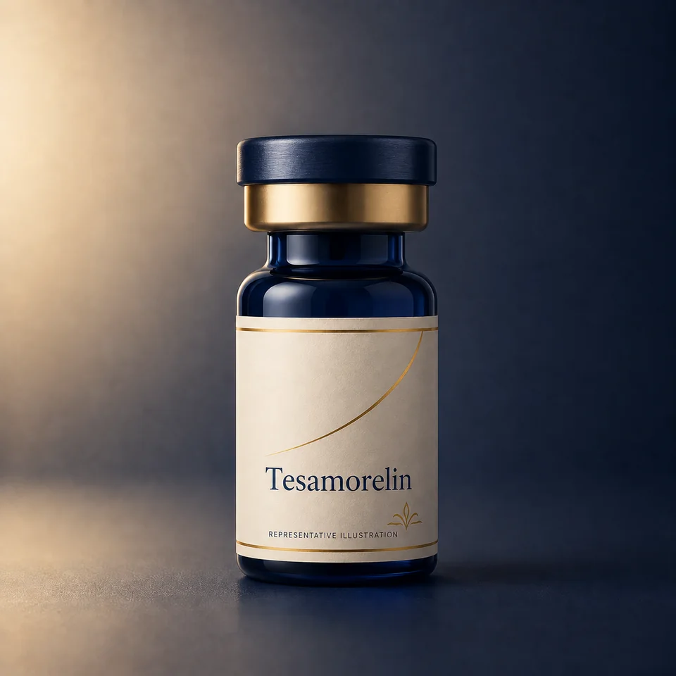 Representative Lion Peptides vial illustration labelled Tesamorelin; not actual product packaging or inventory