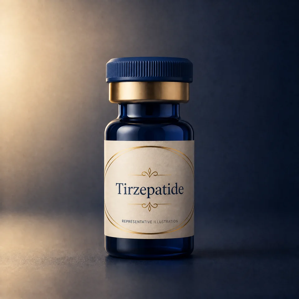 Representative Lion Peptides vial illustration labelled Tirzepatide; not actual product packaging or inventory